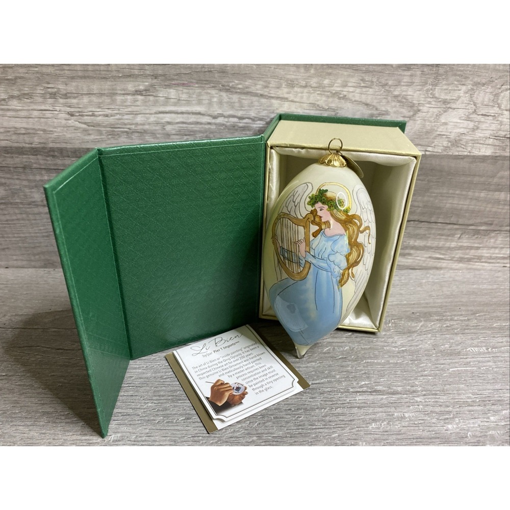 Pier 1 Li Bien Glass Inside Painting Christmas Ornament Angel‎ Playing Harp 2015